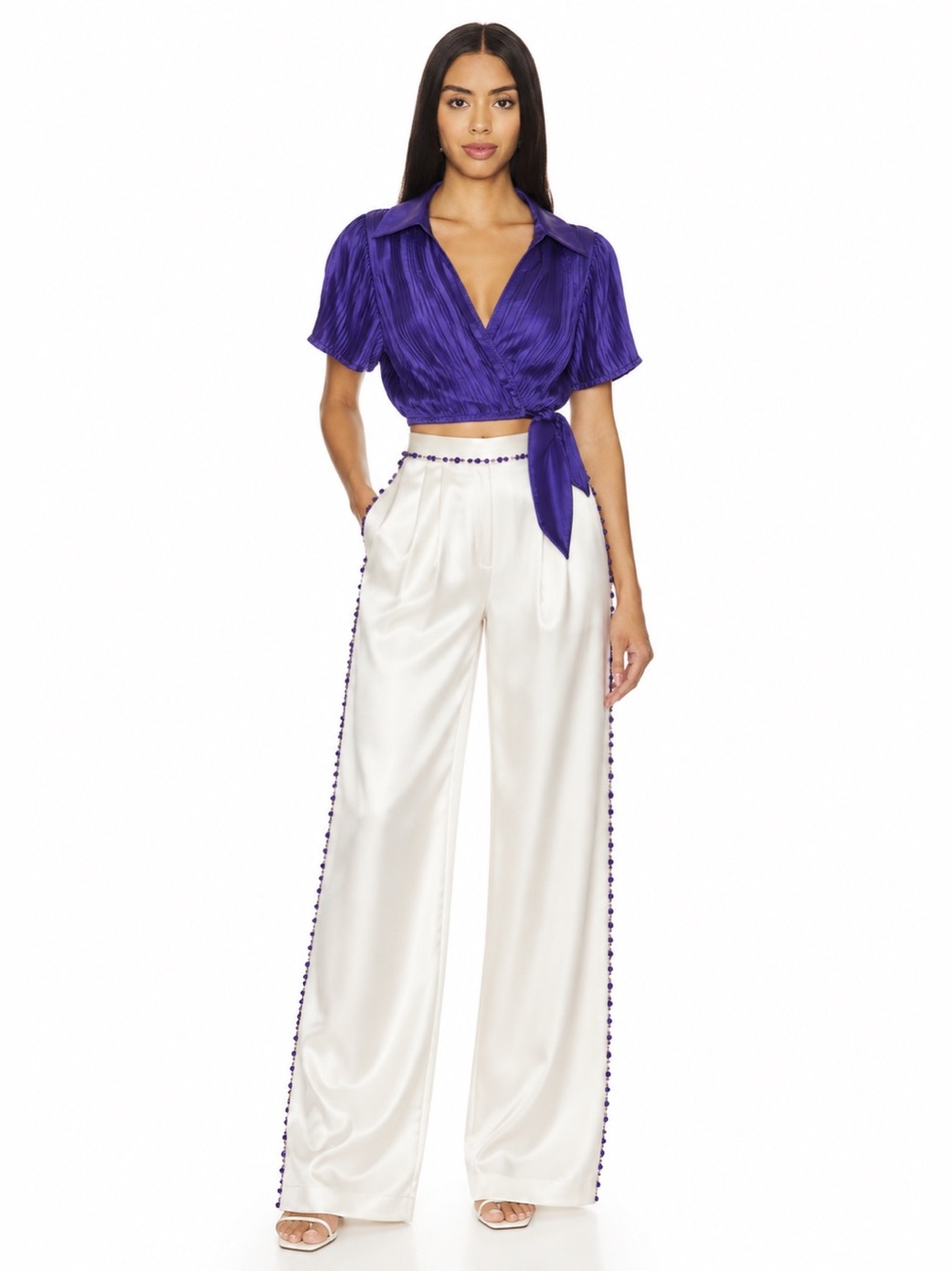 Rococo Sand Cassi Purple Pleated Satin Wrap Crop Top